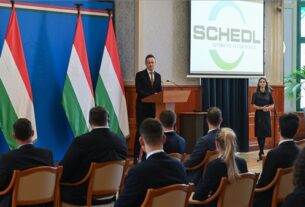 Minister of Foreign Affairs and Trade Péter Szijjártó gives a speech at the press conference announcing Schedl's investment in the ministry on March 22, 2024. 160 new jobs will be created in Debrecen and Kecskemét as a result of the HUF 40 billion investment by the German automotive company. MTI/Zoltán Máthé